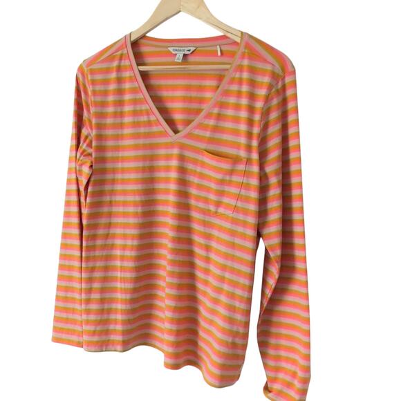 Toad & Co Womens Top L - Orange Pink Striped Colorful Long Sleeve V-Neck Shirt - Picture 3 of 7